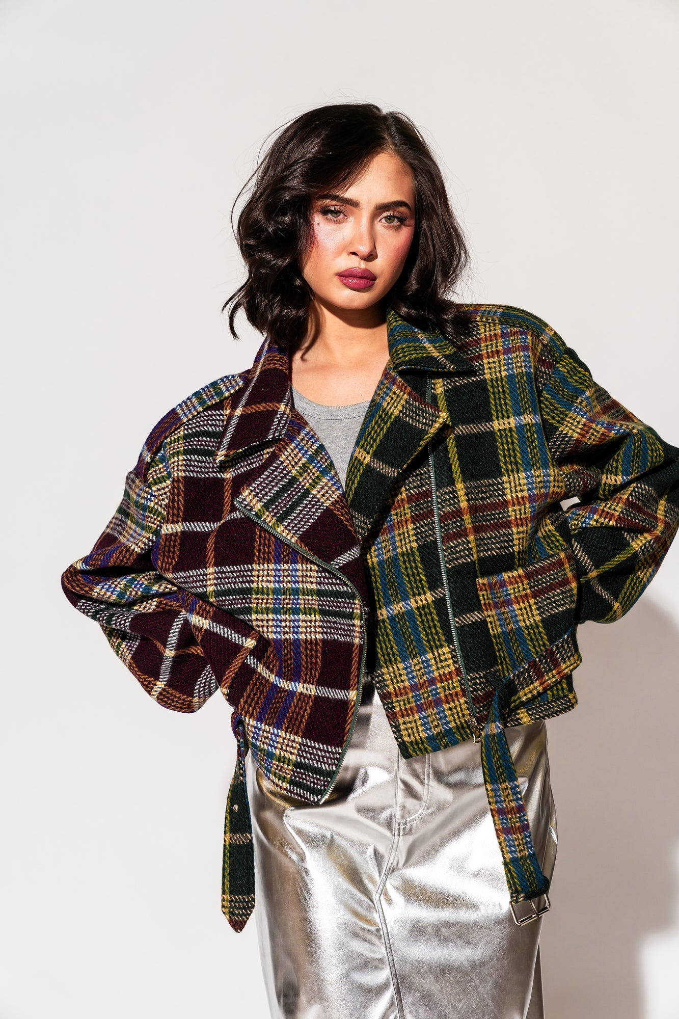 LALA ORIGINAL: Sagittarius Half + Half Plaid Moto Jacket - Dressed in Lala