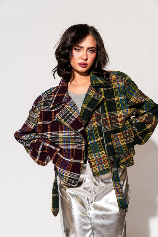 LALA ORIGINAL: Sagittarius Half + Half Plaid Moto Jacket - Dressed in Lala
