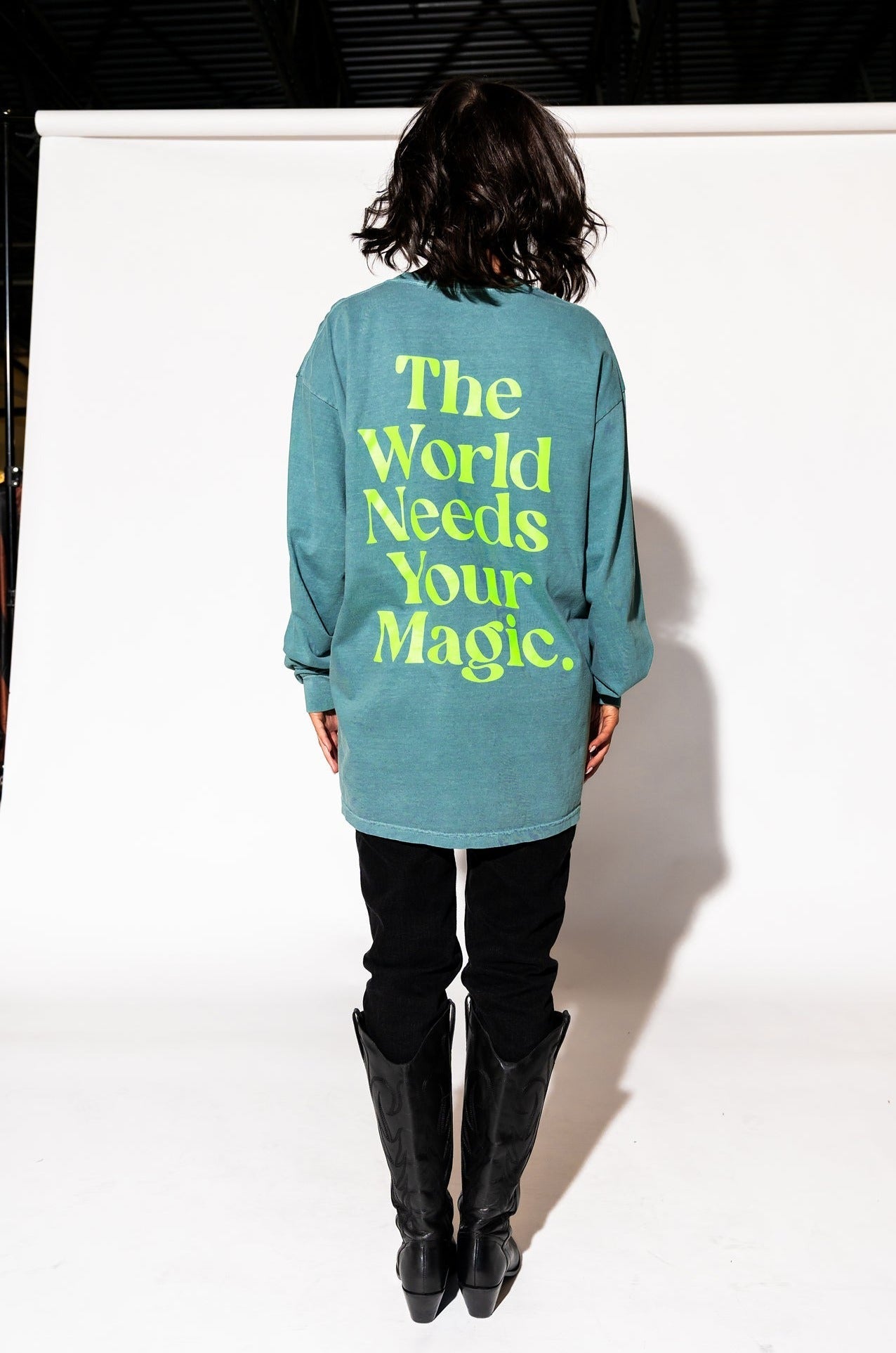 LALA ORIGINAL: The World Needs Your Magic Oversized Long Sleeve Tee in Sage + Neon - Dressed in Lala