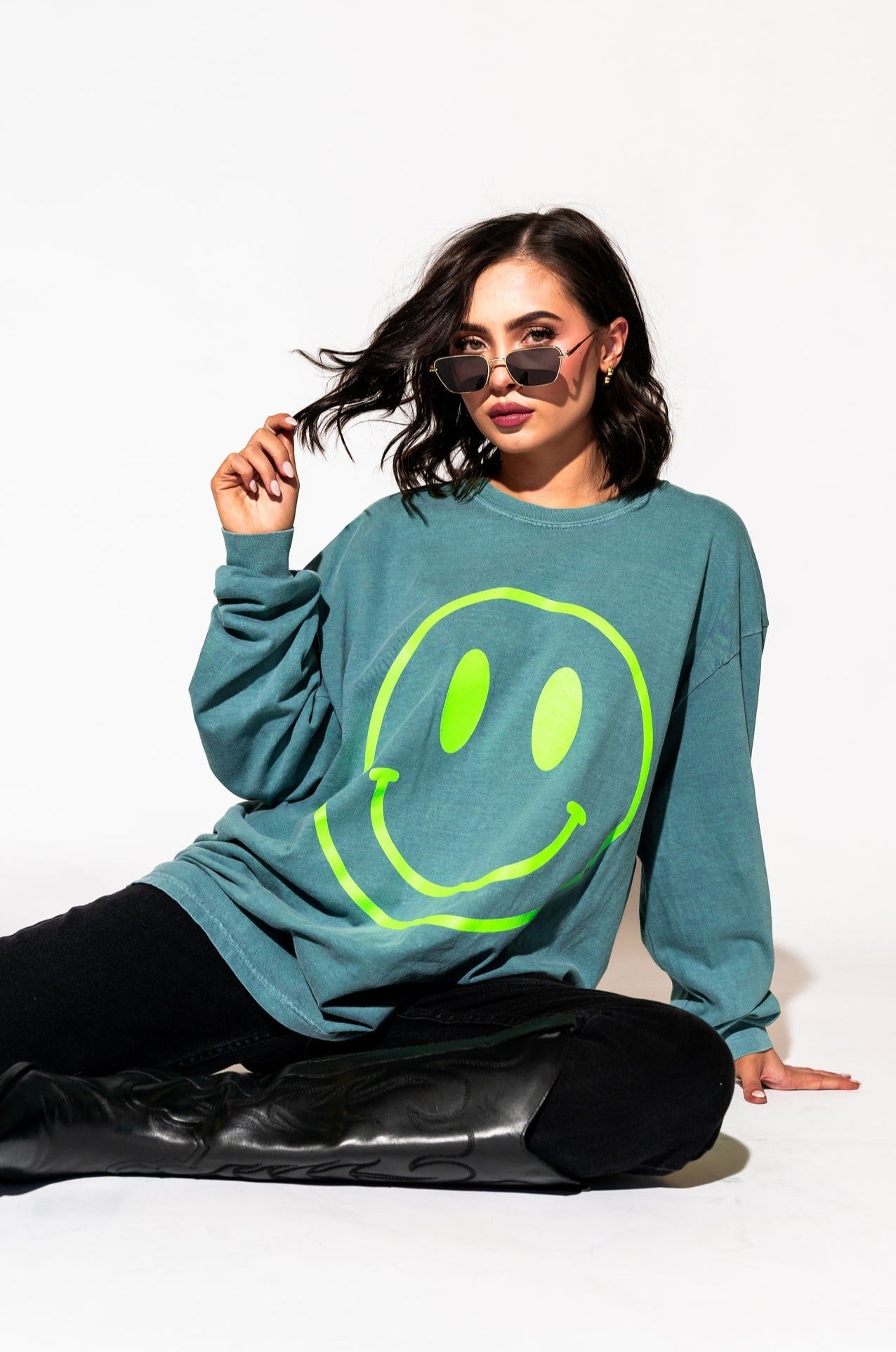 LALA ORIGINAL: The World Needs Your Magic Oversized Long Sleeve Tee in Sage + Neon - Dressed in Lala