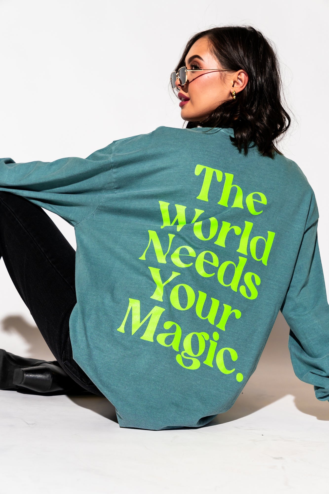 LALA ORIGINAL: The World Needs Your Magic Oversized Long Sleeve Tee in Sage + Neon - Dressed in Lala