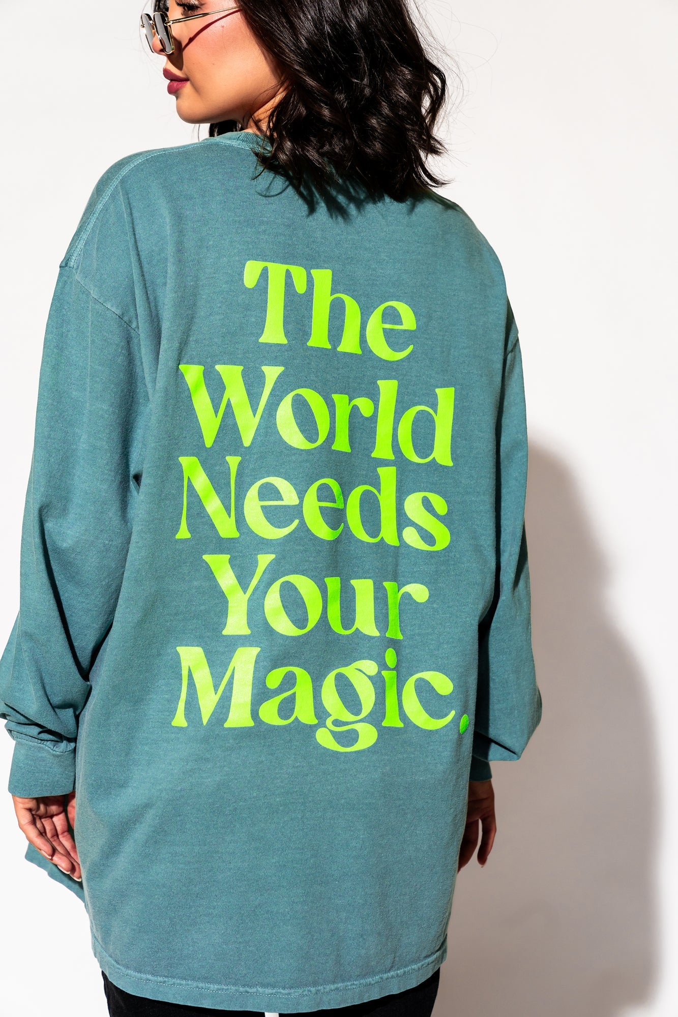 LALA ORIGINAL: The World Needs Your Magic Oversized Long Sleeve Tee in Sage + Neon - Dressed in Lala