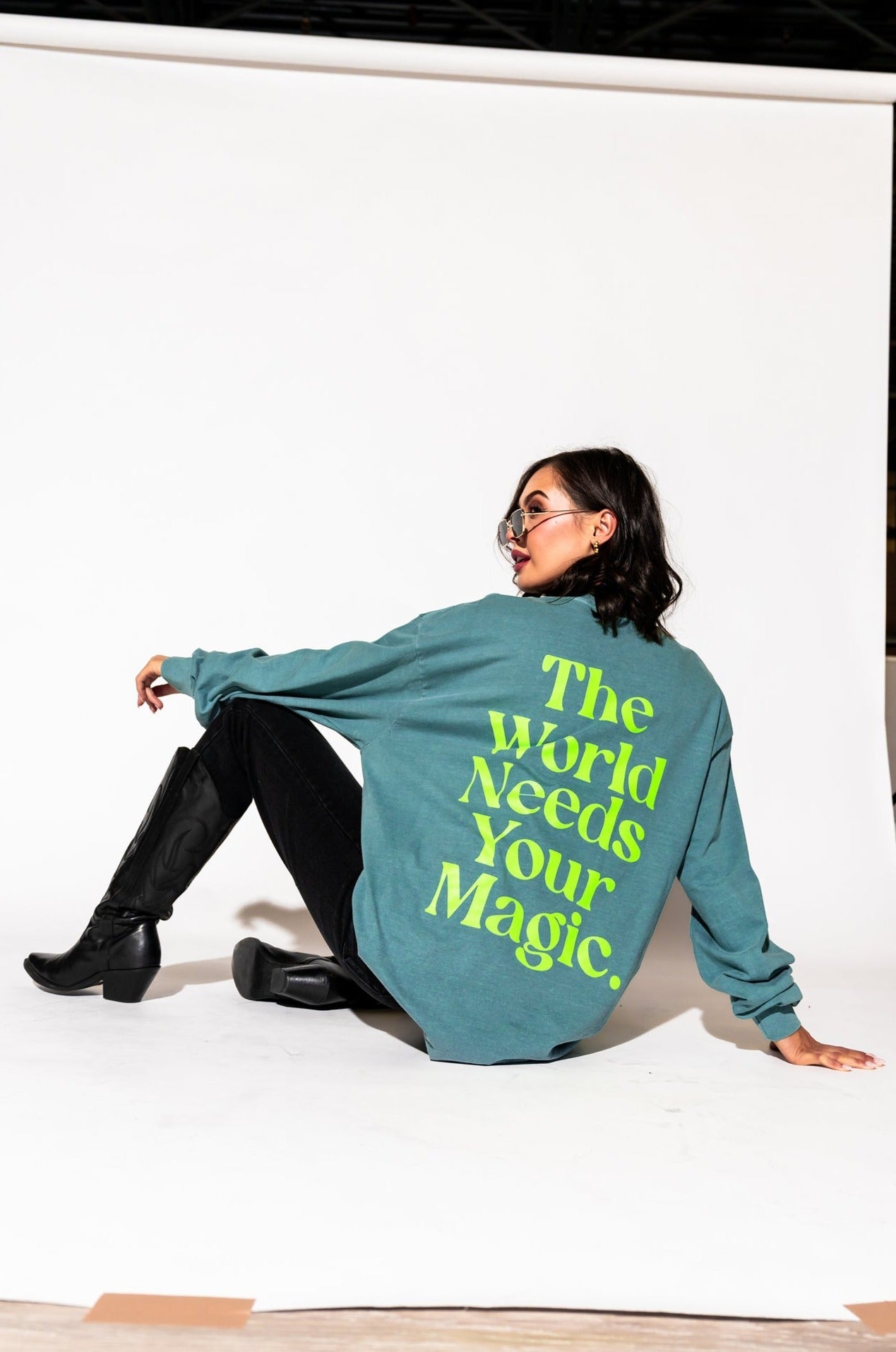 LALA ORIGINAL: The World Needs Your Magic Oversized Long Sleeve Tee in Sage + Neon - Dressed in Lala