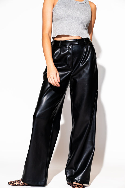 LALA ORIGINAL: Told My Mom About You Buttery Soft Vegan Leather Trousers in Black - Dressed in Lala