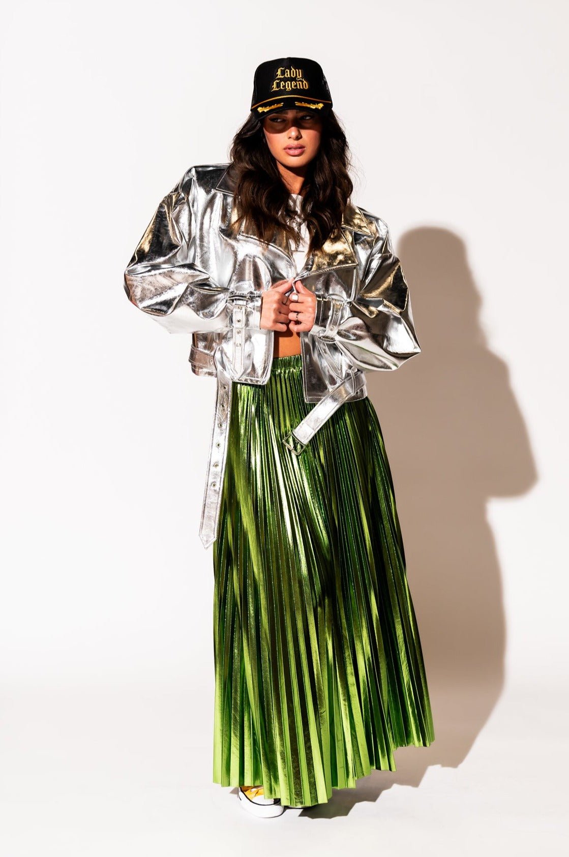 LALA ORIGINAL: Vegan Leather Metallic Moto Jacket in Silver - Dressed in Lala