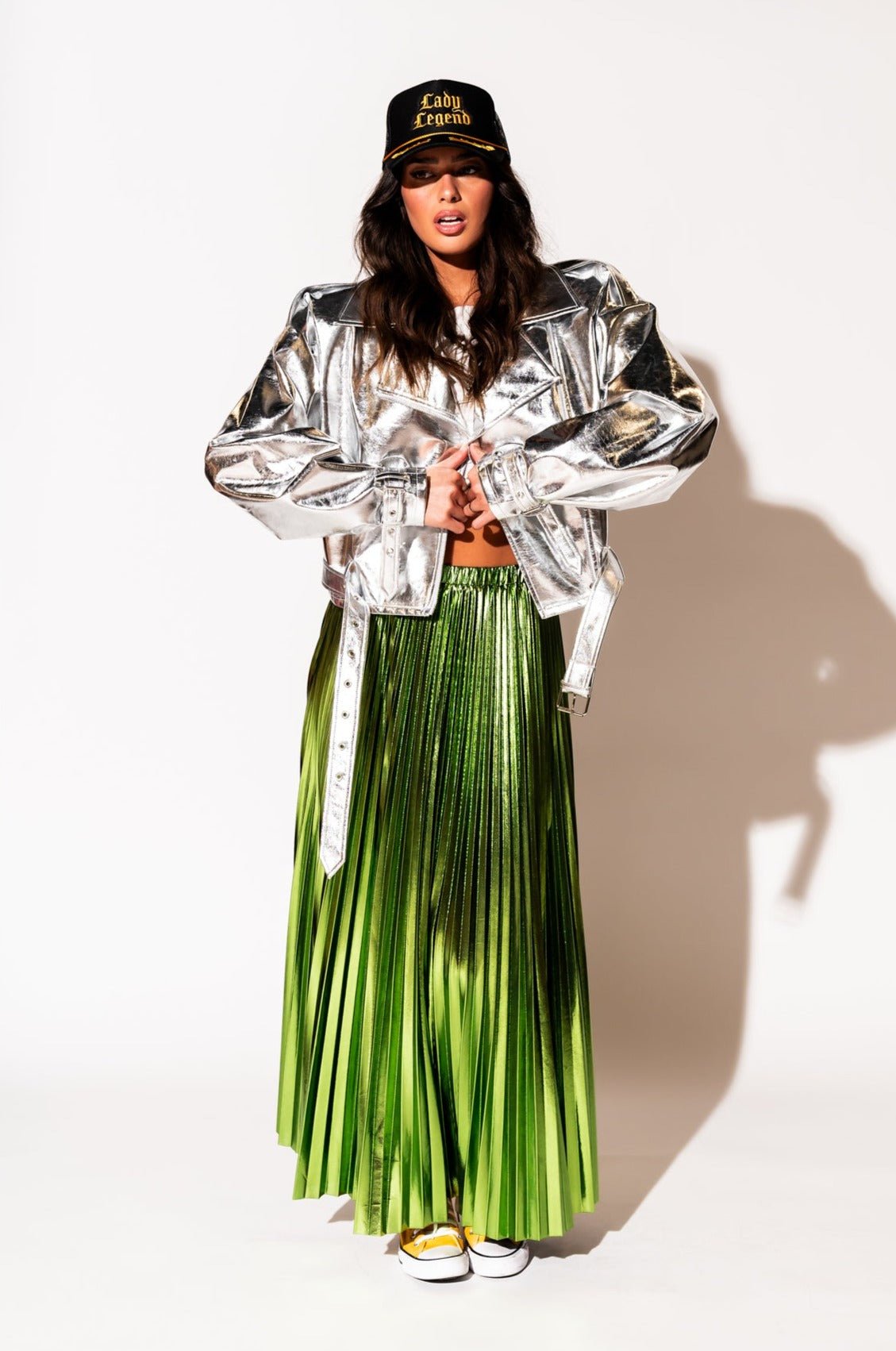 LALA ORIGINAL: Vegan Leather Metallic Moto Jacket in Silver - Dressed in Lala