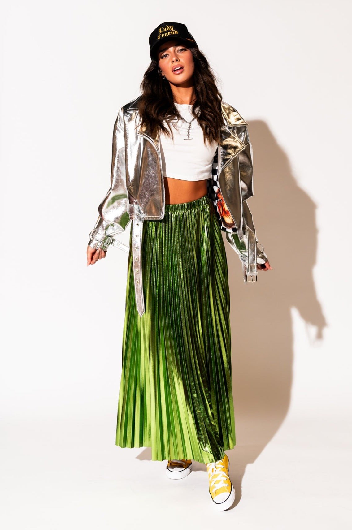 LALA ORIGINAL: Vegan Leather Metallic Moto Jacket in Silver - Dressed in Lala