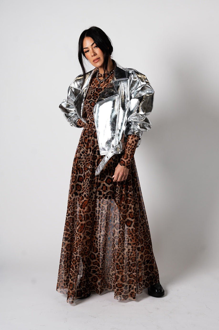 LALA ORIGINAL: Vegan Leather Metallic Moto Jacket in Silver - Dressed in Lala