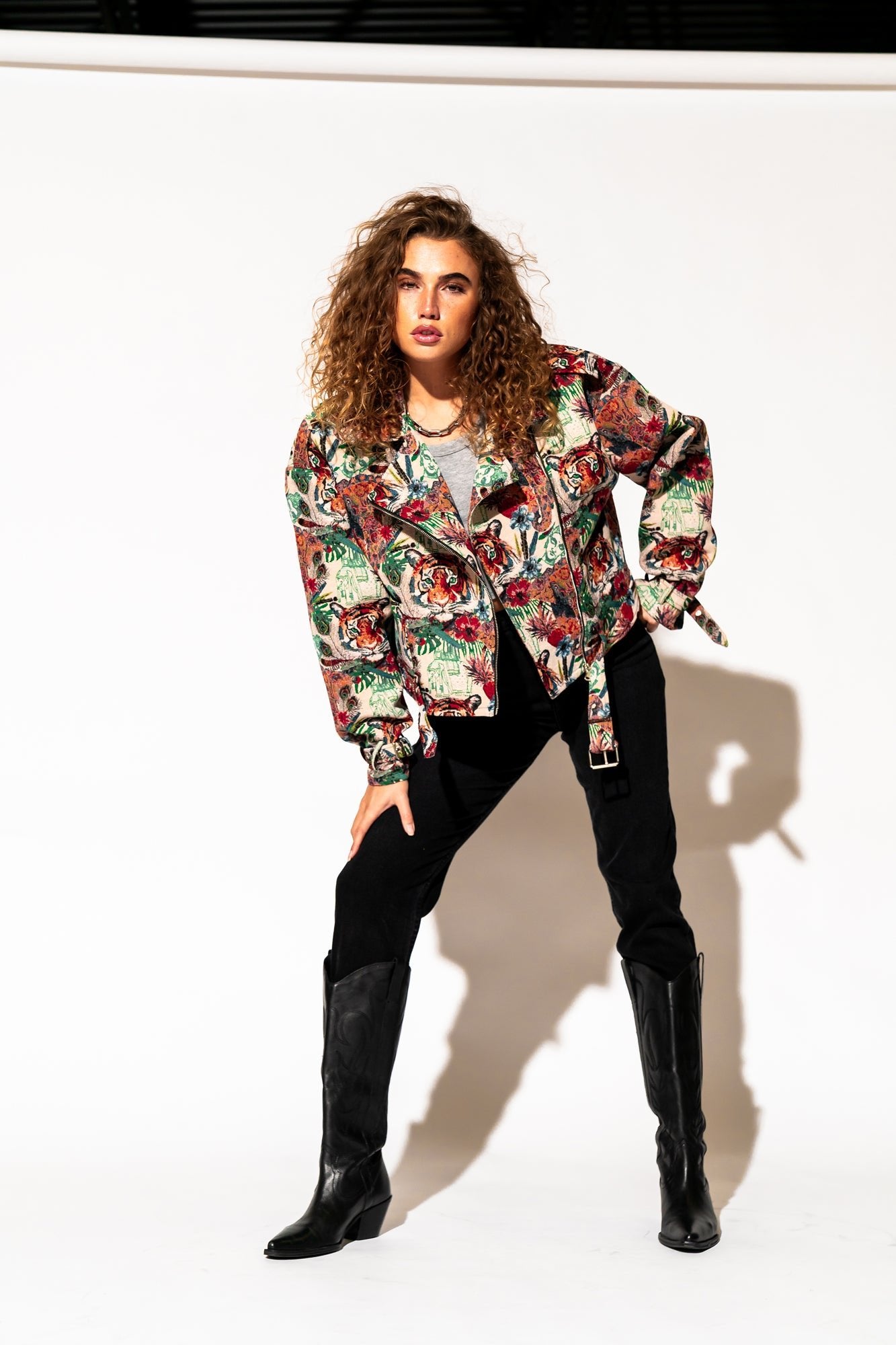 LALA ORIGINAL: Wild Soul Tiger Jacquard Moto Jacket - Dressed in Lala