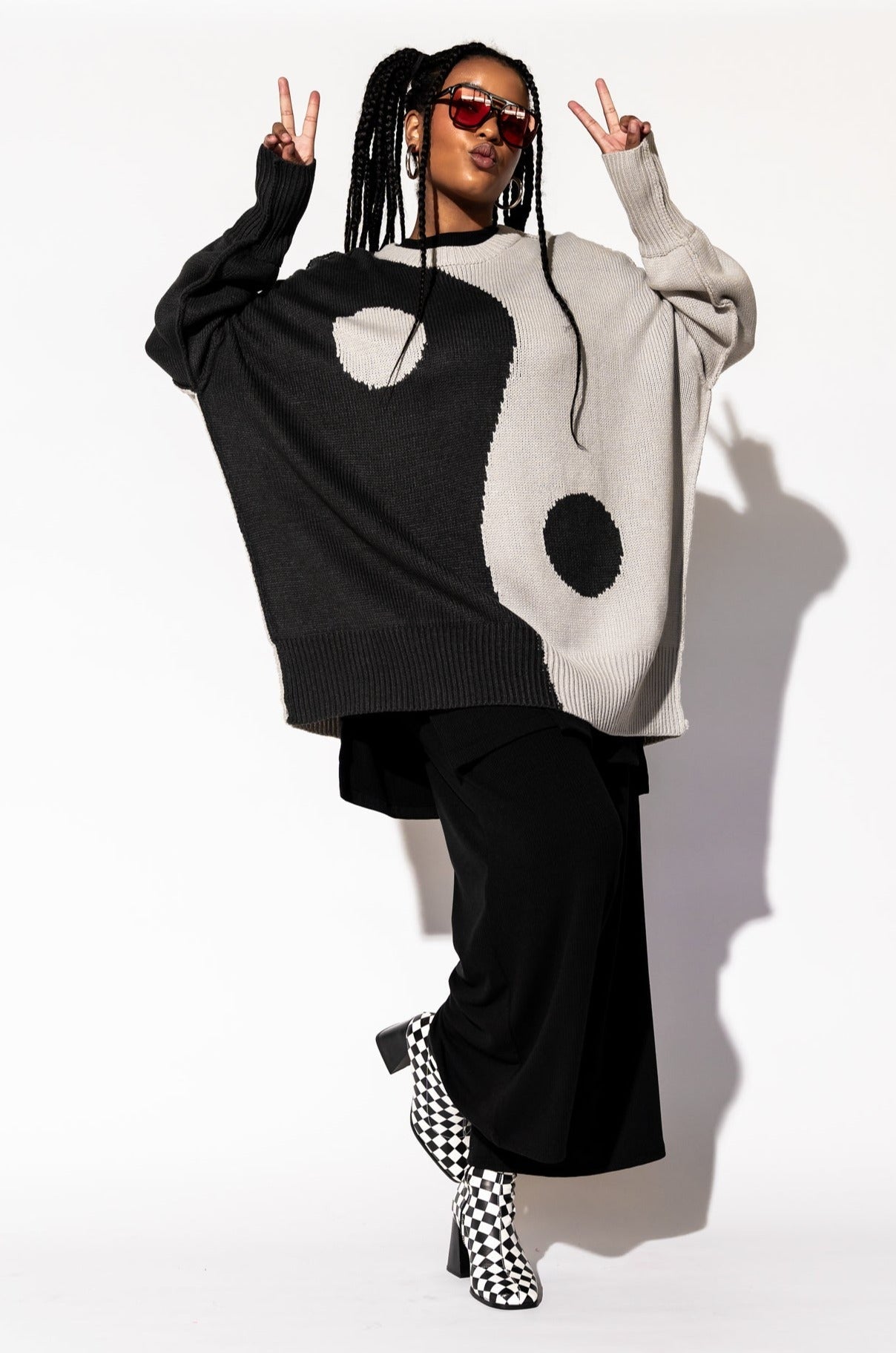 LALA ORIGINAL: Yin Yang Gang Oversized Knit in Shades of Grey - Dressed in Lala