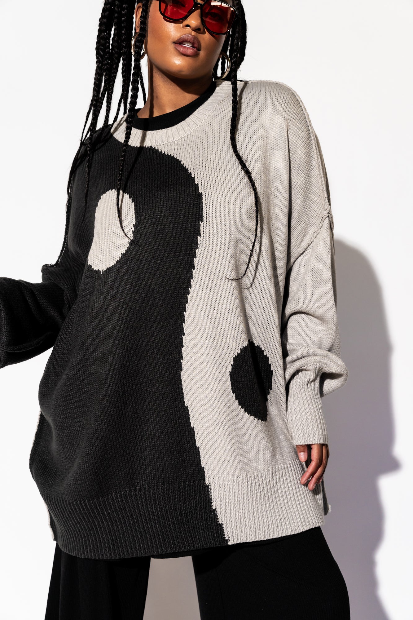 LALA ORIGINAL: Yin Yang Gang Oversized Knit in Shades of Grey - Dressed in Lala