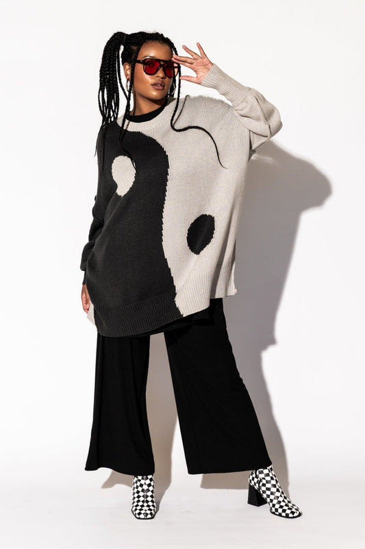LALA ORIGINAL: Yin Yang Gang Oversized Knit in Shades of Grey - Dressed in Lala
