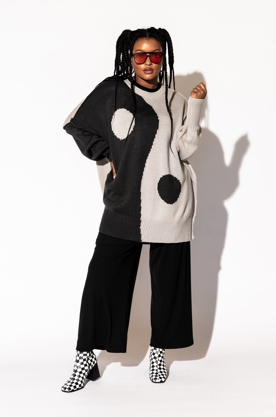 LALA ORIGINAL: Yin Yang Gang Oversized Knit in Shades of Grey - Dressed in Lala