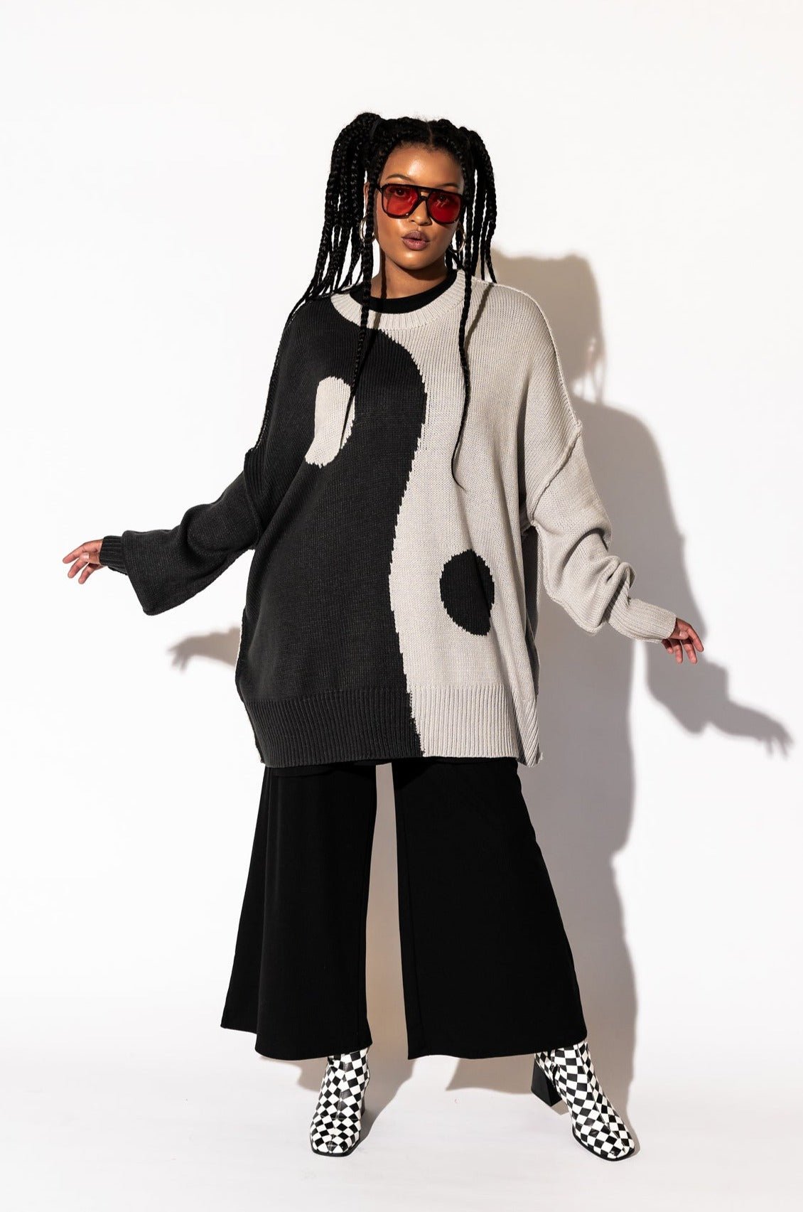 LALA ORIGINAL: Yin Yang Gang Oversized Knit in Shades of Grey - Dressed in Lala