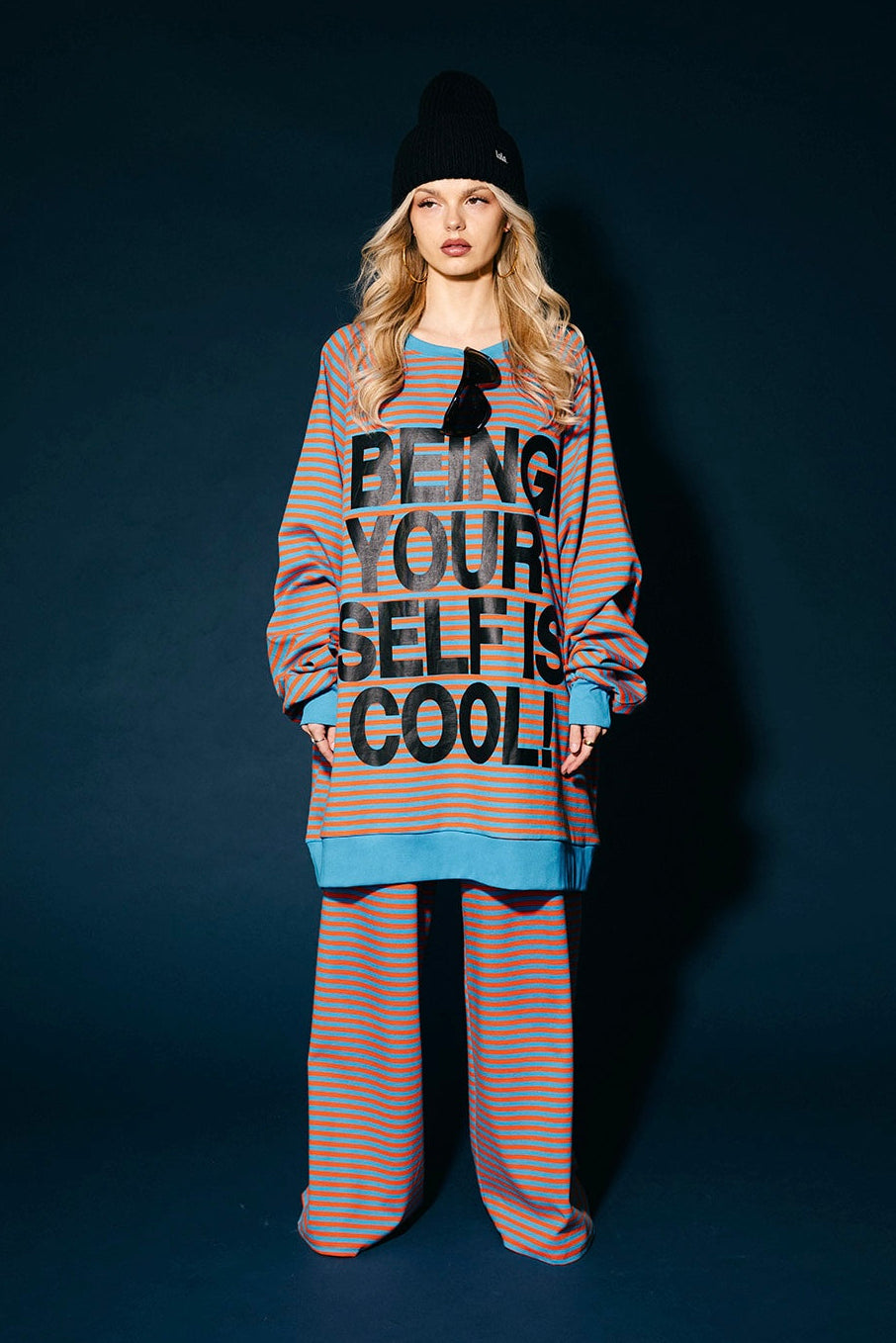Being Yourself Is Cool Ultra Mega Striped Oversized Pullover in Blue + Orange