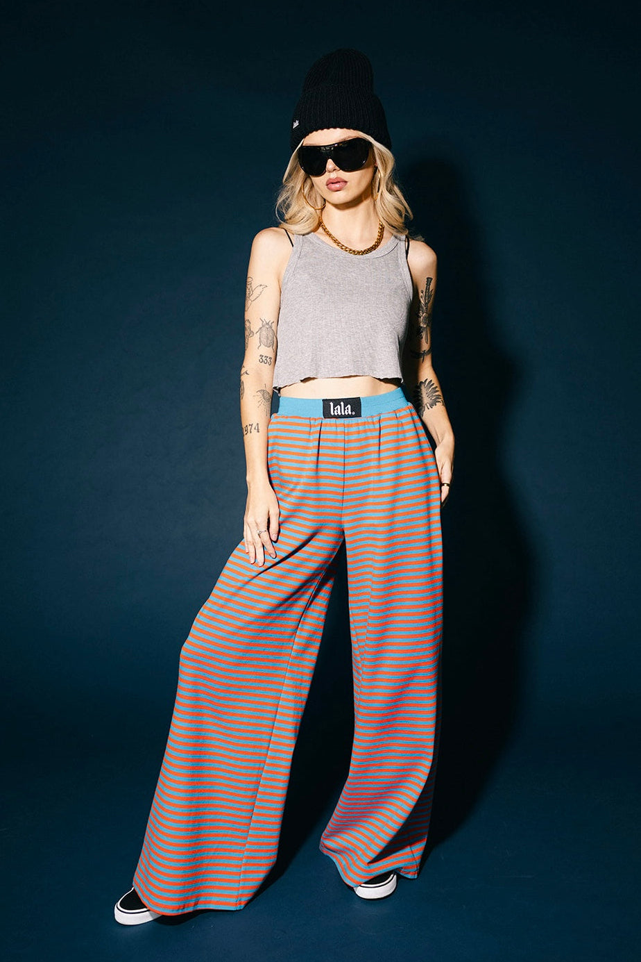 Do No Harm Striped Wide Leg Pants in Blue + Orange