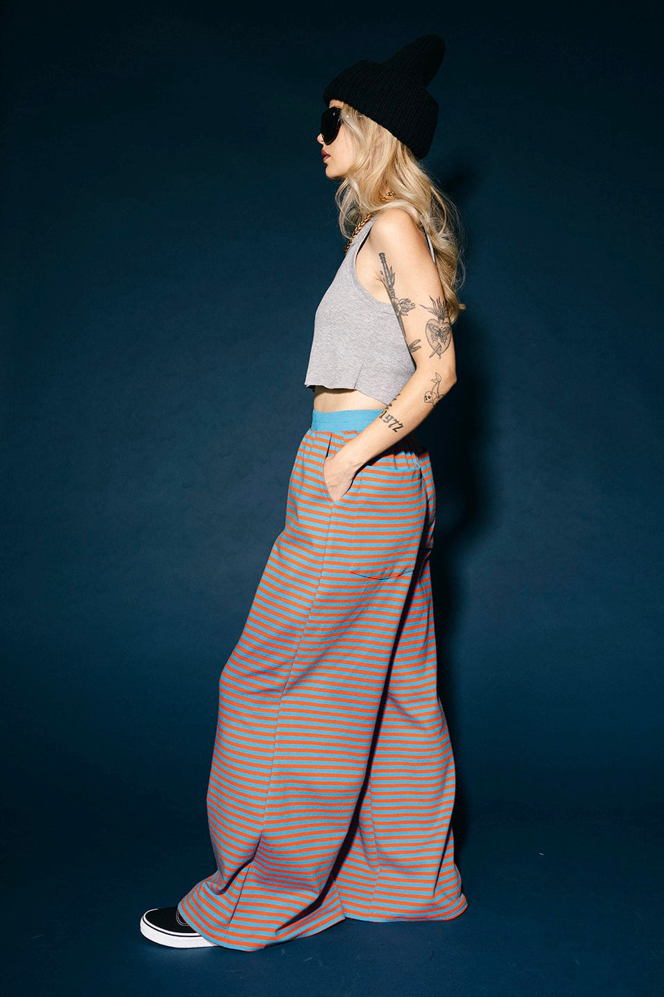 Do No Harm Striped Wide Leg Pants in Blue + Orange