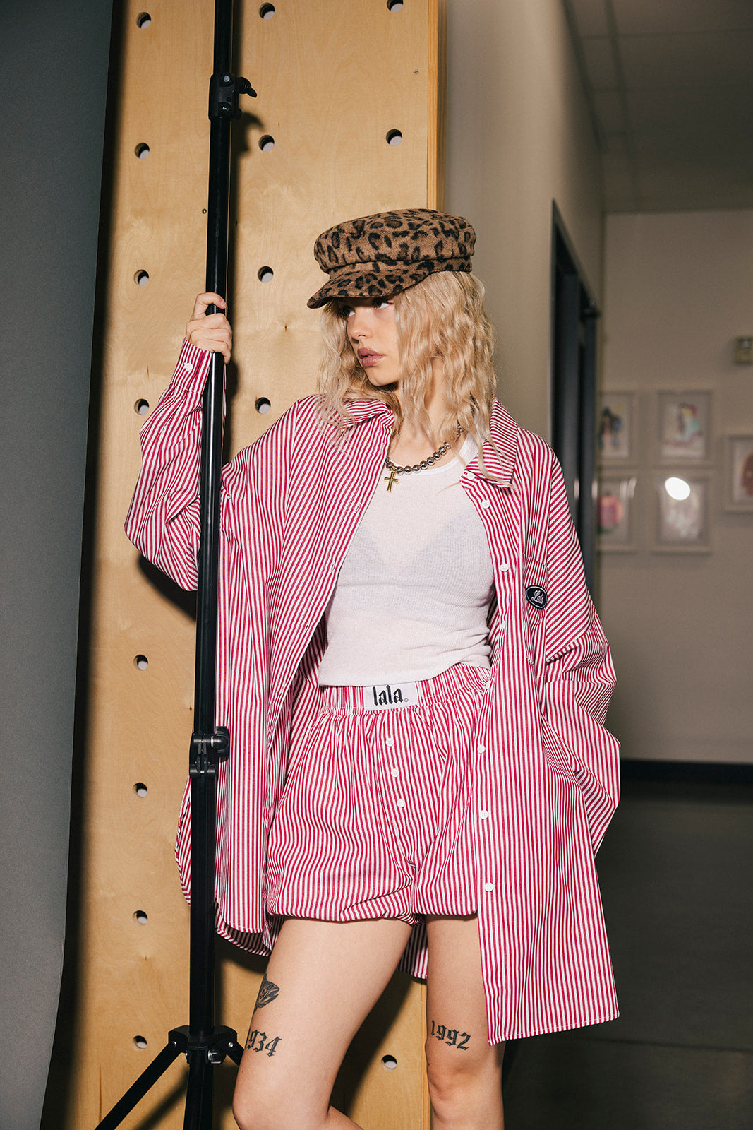 Soul Searching Ultra Oversized Patched Button Up in Red Menswear Stripe