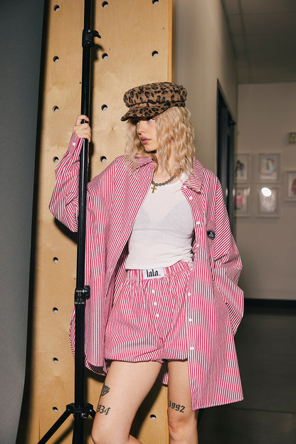 Soul Searching Ultra Oversized Patched Button Up in Red Menswear Stripe