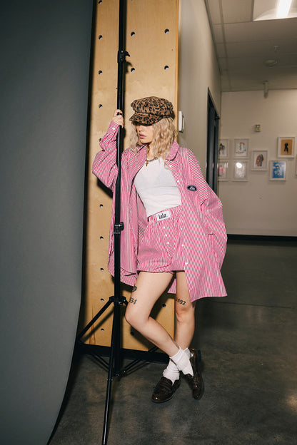 Soul Searching Ultra Oversized Patched Button Up in Red Menswear Stripe