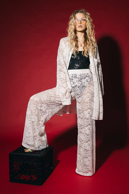 Love Hangover Wide Leg Lace Pants in White