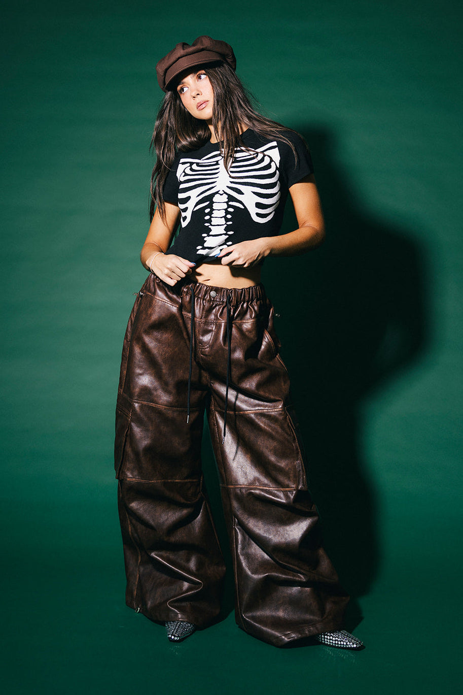 You Don't Own Me Ultra Wide Leg Cargo Pants in Distressed Vegan Leather