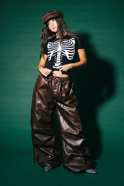 You Don't Own Me Ultra Wide Leg Cargo Pants in Distressed Vegan Leather