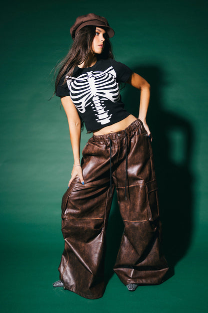 You Don't Own Me Ultra Wide Leg Cargo Pants in Distressed Vegan Leather