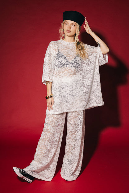 Love Hangover Wide Leg Lace Pants in White