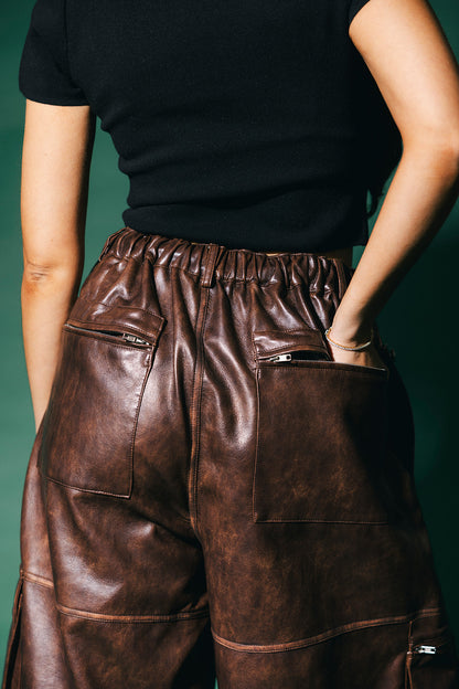 You Don't Own Me Ultra Wide Leg Cargo Pants in Distressed Vegan Leather