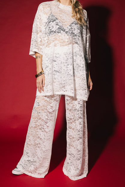 Love Hangover Wide Leg Lace Pants in White