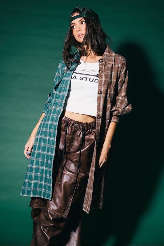 Zuri Oversized Grunge Half + Half Flannel in Cabin Fever