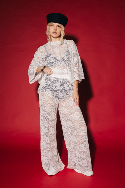 Love Hangover Wide Leg Lace Pants in White