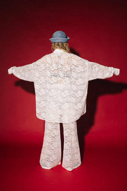 Soul Searching Ultra Oversized Button Up in White Love Hangover Lace