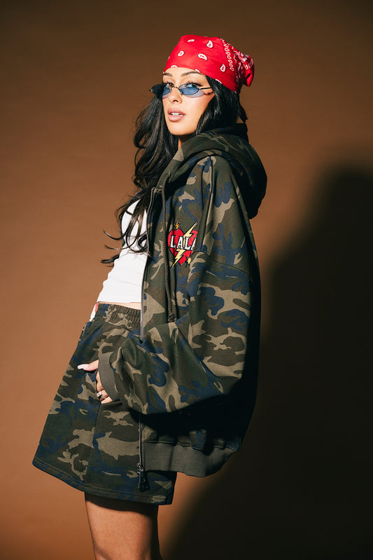 Rebel Heart Camo Patched Zip Up Hoodie