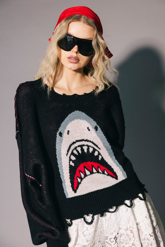 Bite Me Distressed Shark Sweater
