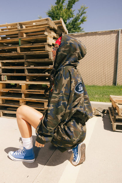 Rebel Heart Camo Patched Zip Up Hoodie
