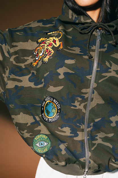 Rebel Heart Camo Patched Zip Up Hoodie