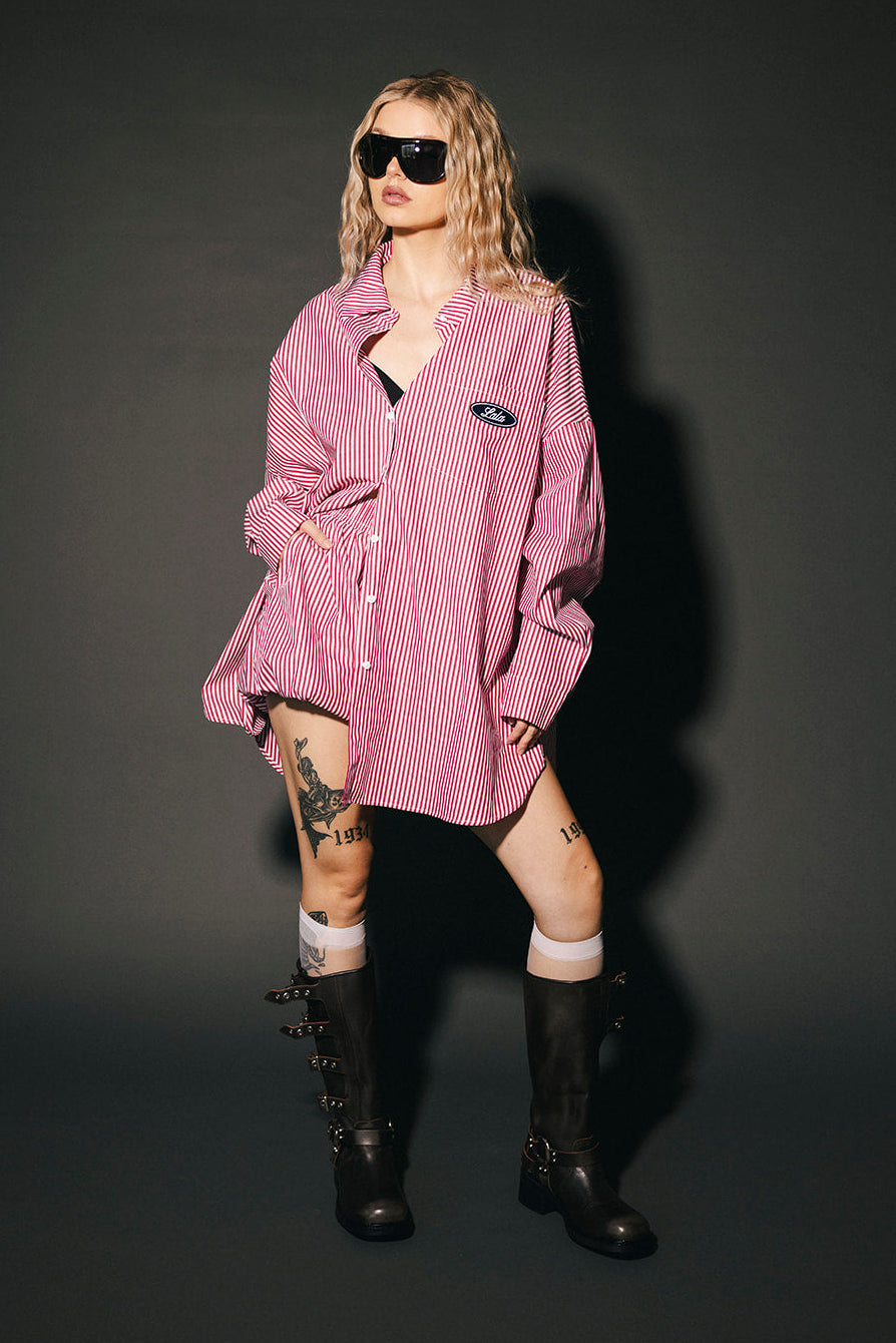 Soul Searching Ultra Oversized Patched Button Up in Red Menswear Stripe