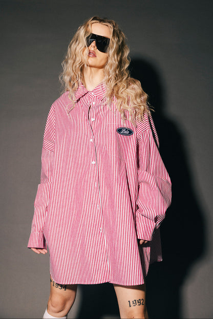 Soul Searching Ultra Oversized Patched Button Up in Red Menswear Stripe