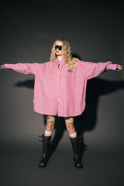Soul Searching Ultra Oversized Patched Button Up in Red Menswear Stripe
