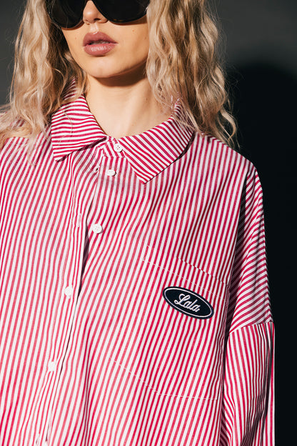 Soul Searching Ultra Oversized Patched Button Up in Red Menswear Stripe