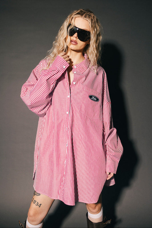 Soul Searching Ultra Oversized Patched Button Up in Red Menswear Stripe