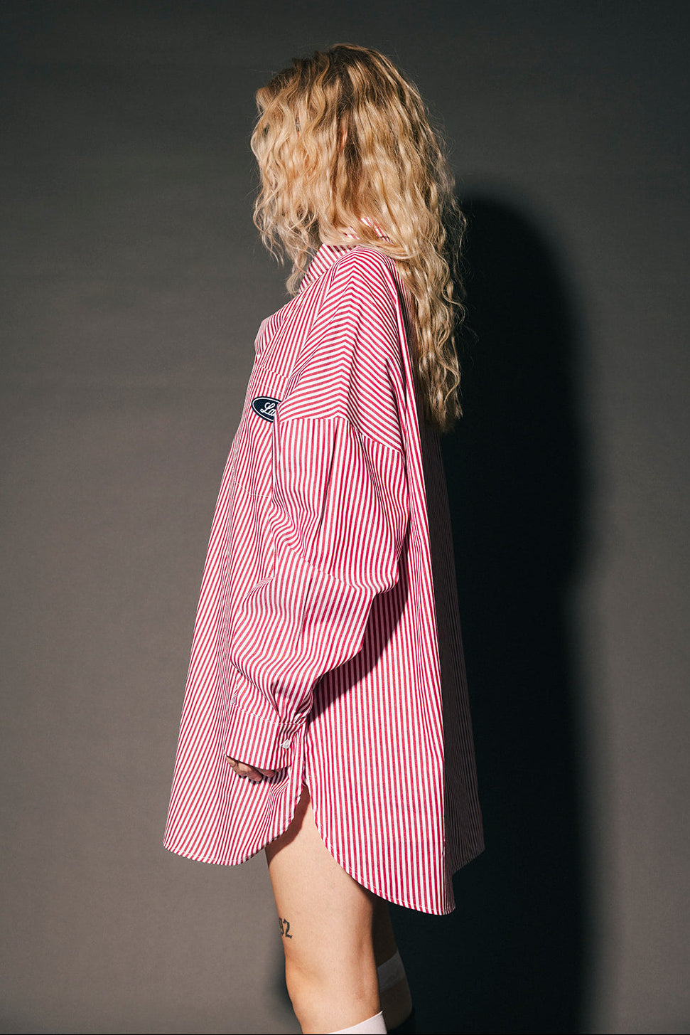 Soul Searching Ultra Oversized Patched Button Up in Red Menswear Stripe