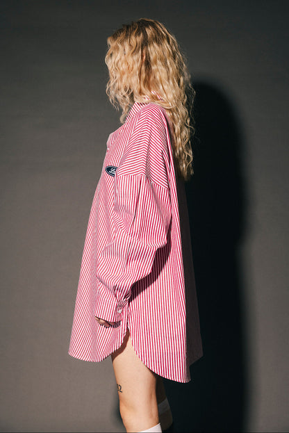 Soul Searching Ultra Oversized Patched Button Up in Red Menswear Stripe