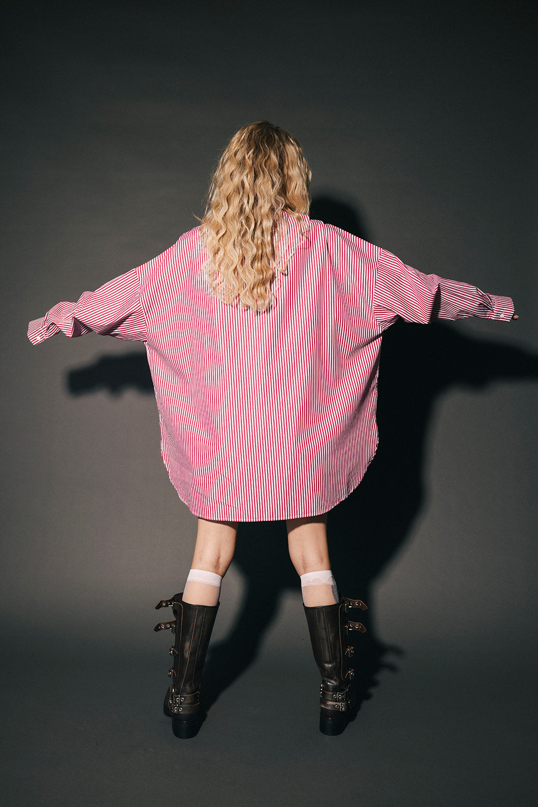 Soul Searching Ultra Oversized Patched Button Up in Red Menswear Stripe