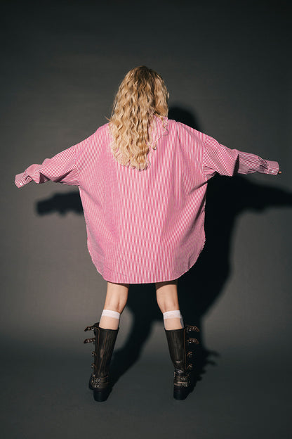 Soul Searching Ultra Oversized Patched Button Up in Red Menswear Stripe
