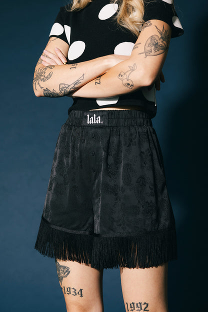 I Love Your Aura Fringe Boxer Shorts in Black Jacquard