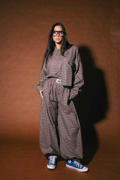 Meant to Be Boxy Cropped Button Up in Brown Plaid