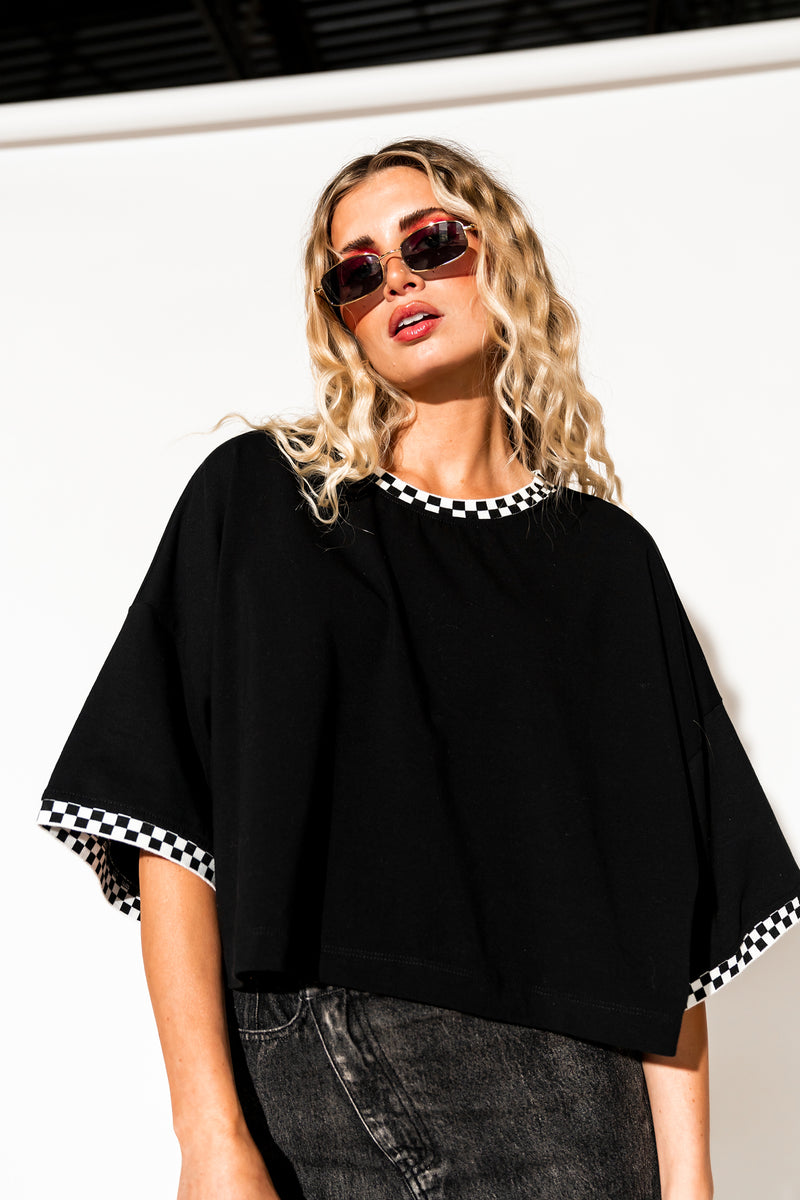 Frankie Cropped Tee in Black + Checkerboard Dressed in Lala